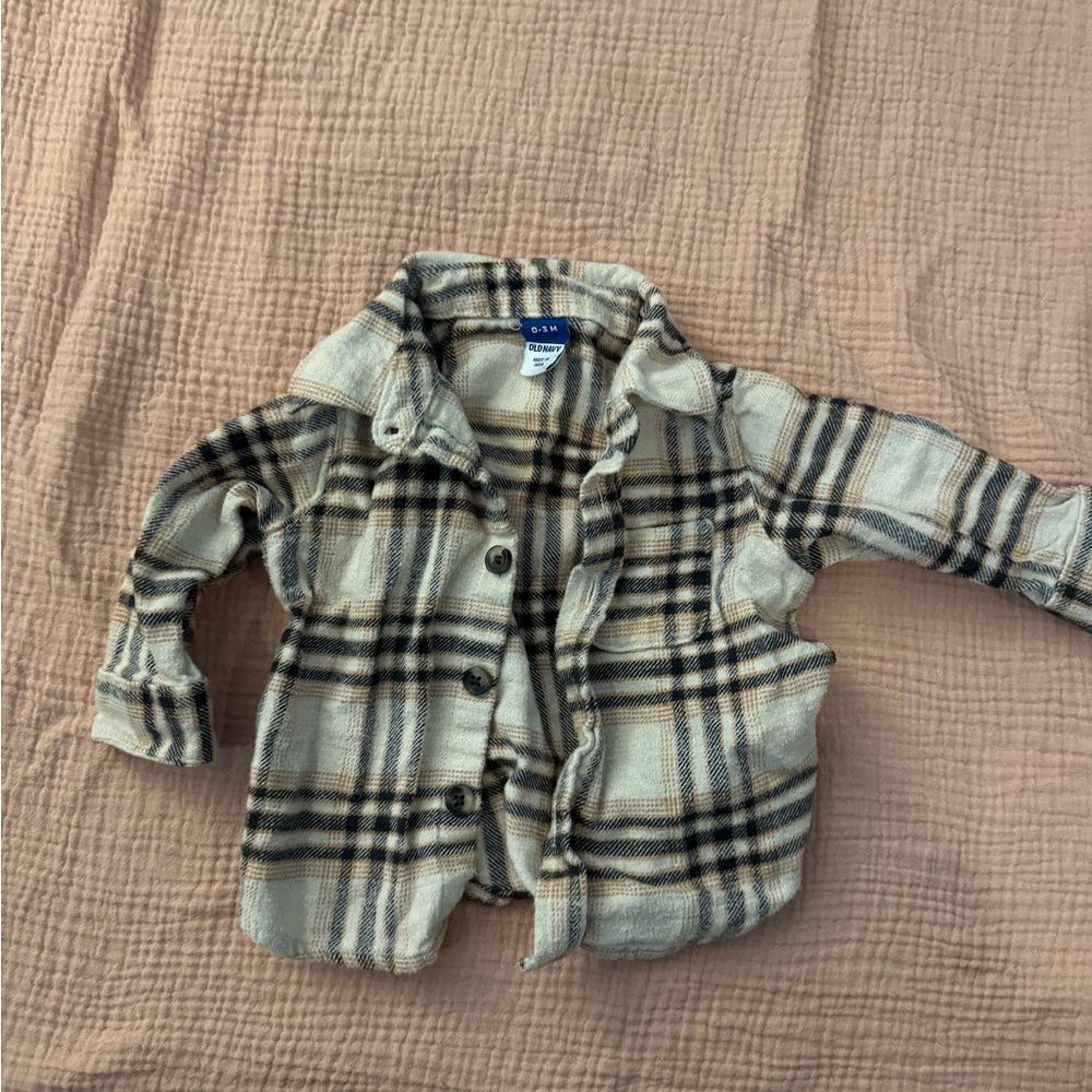 Old Navy Kids Flannel Plaid Button-Down Shirt - Cream and Black